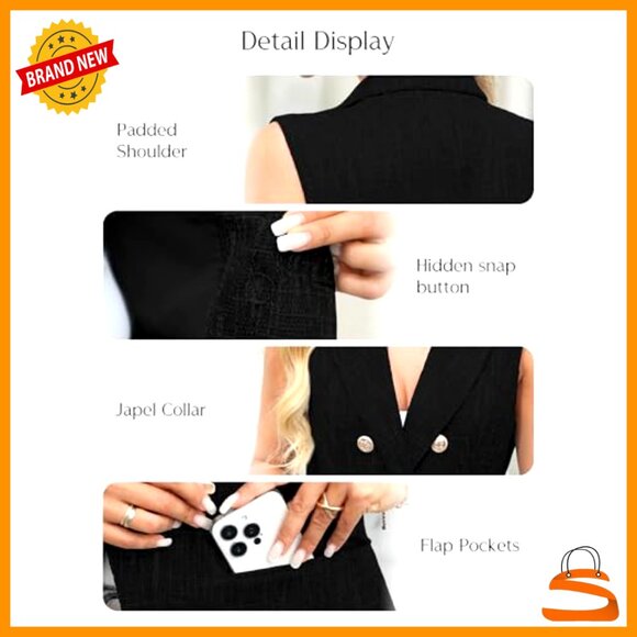 Tweed Long Vest Sleeveless Double-Breasted Blazer Chic Layering Piece Pockets - Picture 5 of 6